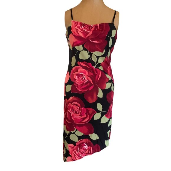 VTG Dress Y2K High-Low MIDI Spaghetti Strap Black Red Floral Sz M Goth Grunge - Picture 15 of 16